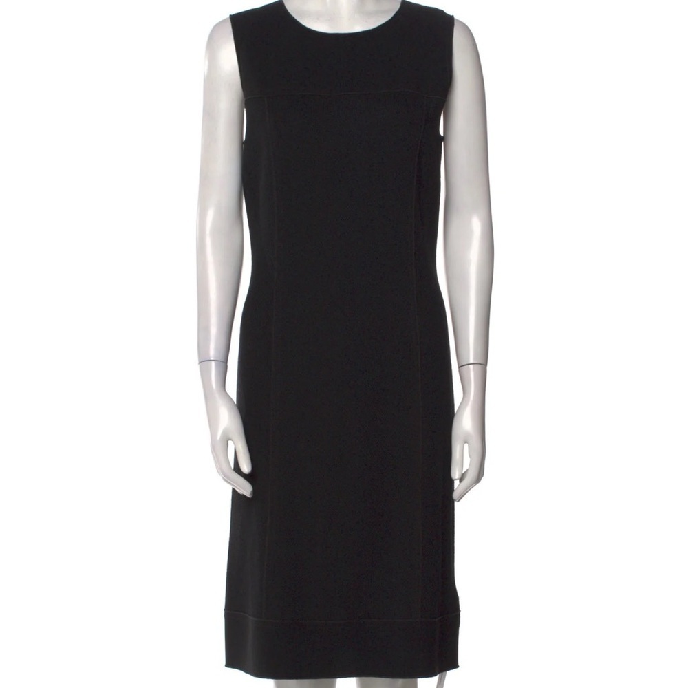 St. John pique knit sheath midi dress black wool blend size 16 made in USA lbd